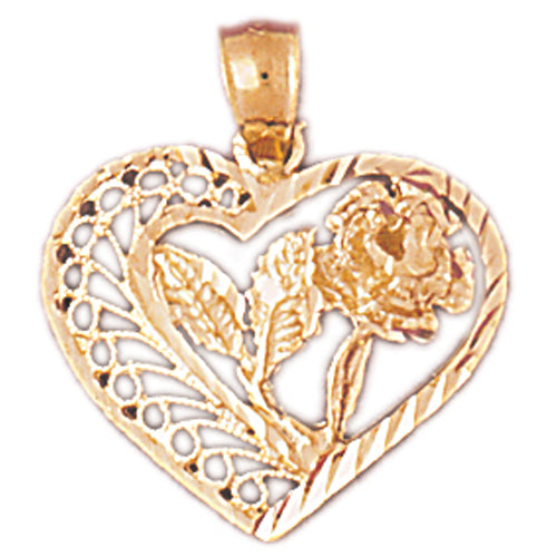 14k Yellow Gold Heart and Rose Charm