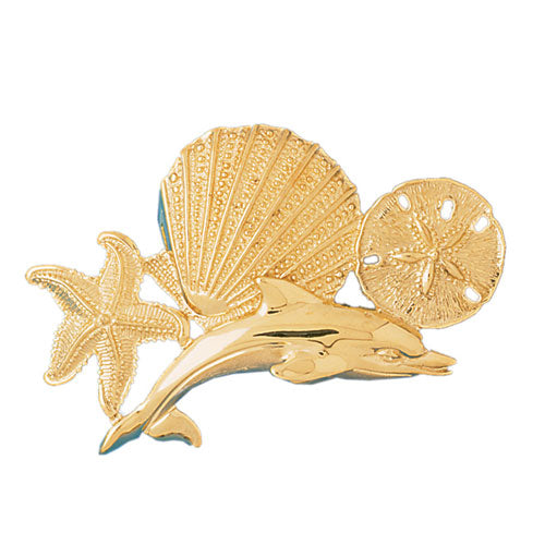 14k Yellow Gold Dolphins, Starfish, Shell and Sand Dollar Charm