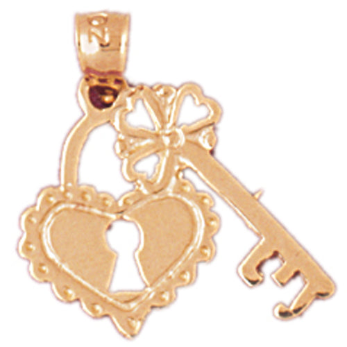 14k Yellow Gold Heart Lock and Key Charm