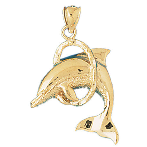 14k Yellow Gold Dolphins jumping through hoop Charm