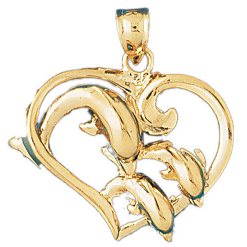 14k Yellow Gold Dolphins jumping through heart hoop Charm