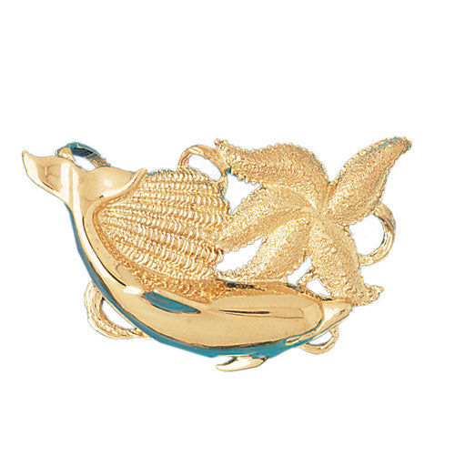 14k Yellow Gold Dolphin, Starfish, and Shell Charm
