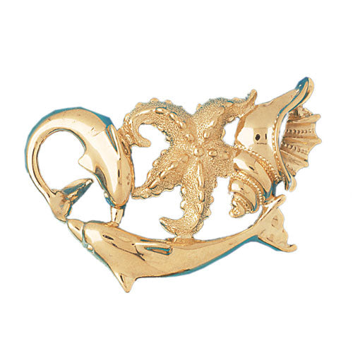 14k Yellow Gold Dolphin, Starfish, and Shell Charm