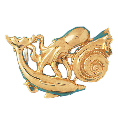 14k Yellow Gold Dolphin, Octopus, and Shell Charm