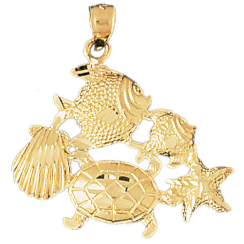14k Yellow Gold Turtle, Starfish, Tropical Fish, and Shell Charm