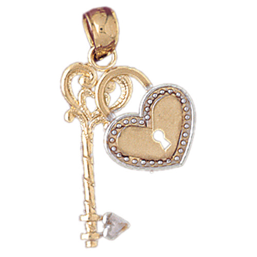 14k Gold Two Tone  Key with Heart Padlock Charm