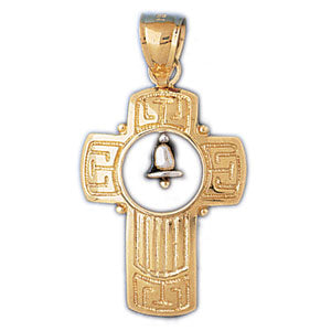 14k Gold Two Tone Cross with Bell Charm