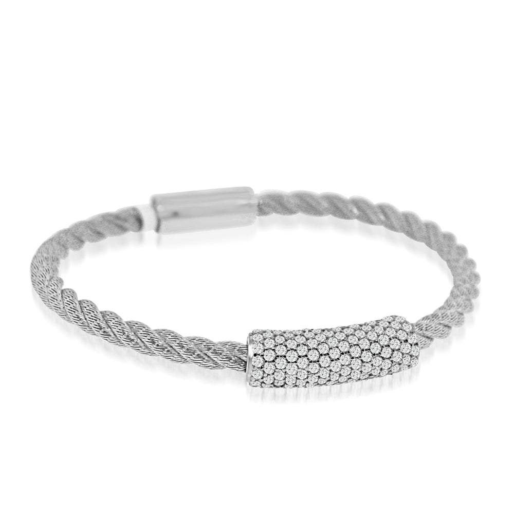 Sterling Silver Rhodium Plated and micro-pave CZ twisted cable Bangle
