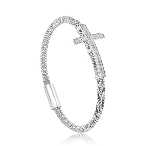 Sterling Silver Rhodium Plated and CZ Cross Italian Bangle
