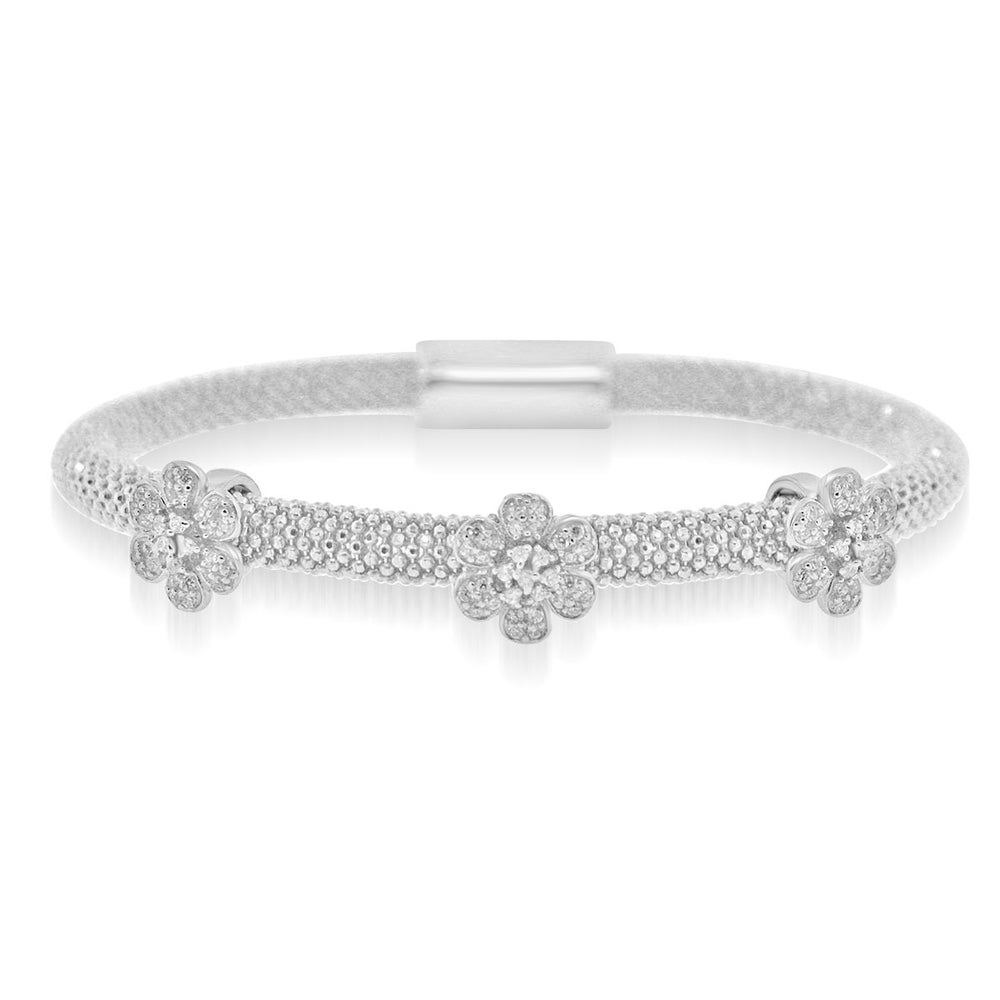 Sterling Silver Rhodium Plated and CZ 3 station Flower Bangle