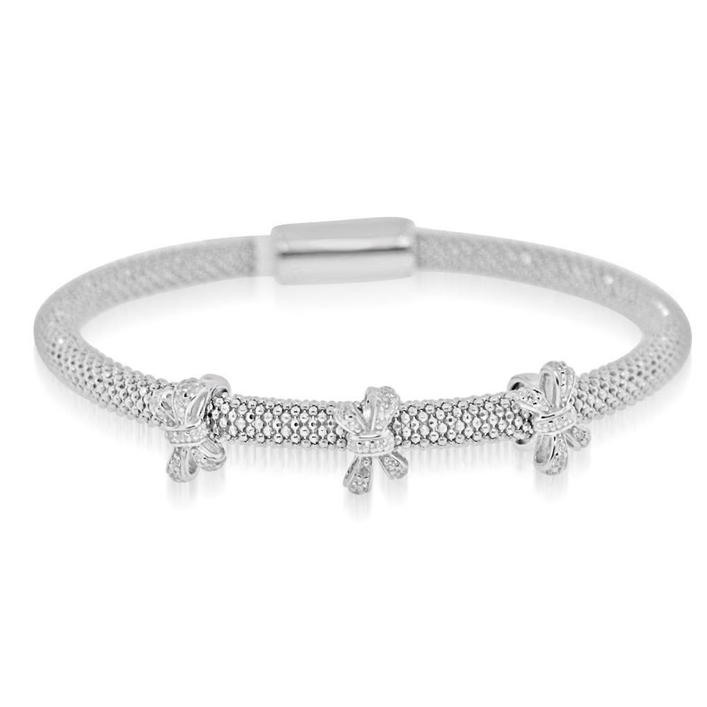 Sterling Silver Rhodium Plated and CZ 3 station Ribbon Bangle
