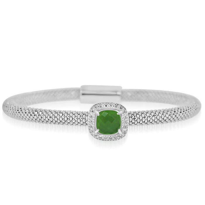 Sterling Silver Rhodium Plated with Cushion Simulated Gemstone and CZ Bangle
