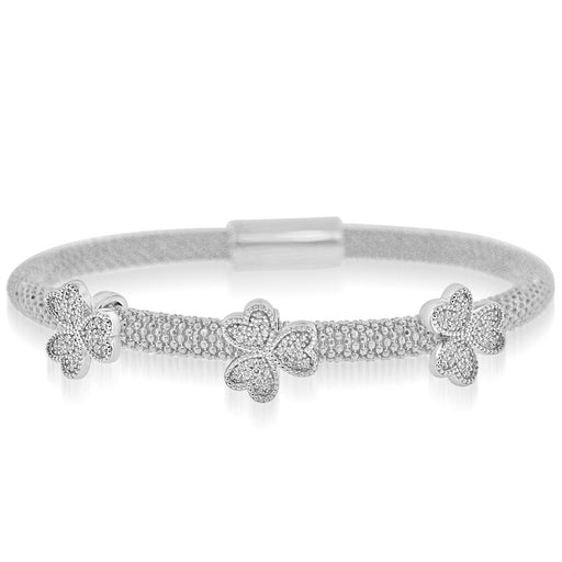 Sterling Silver Rhodium Plated and CZ 3 station Three Leaf Clover Bangle