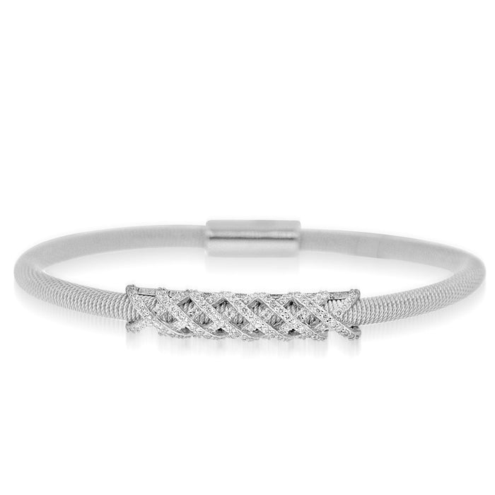 Sterling Silver Rhodium Plated and Criss Cross CZ Bar Bangle