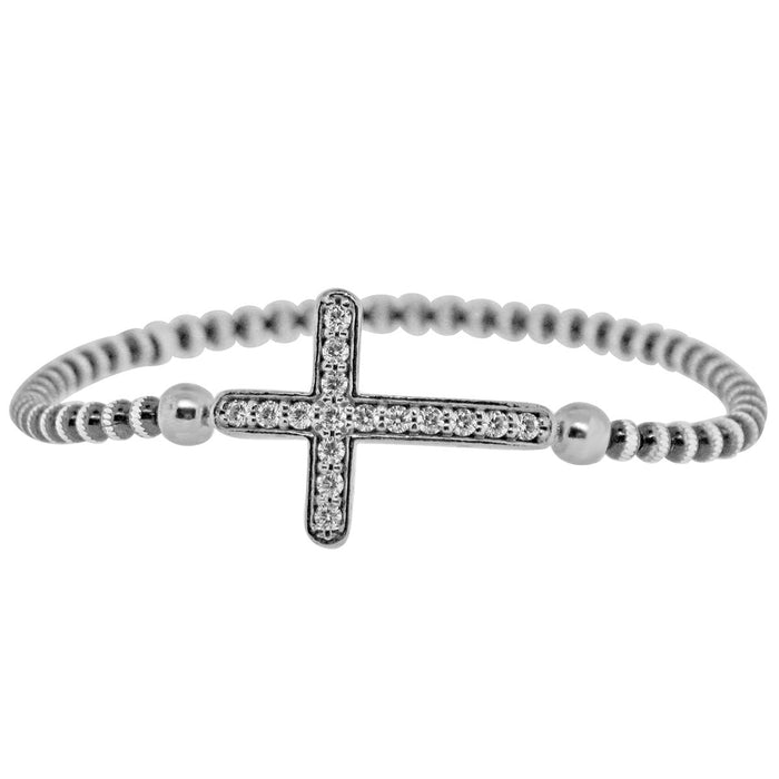 Sterling Silver Rhodium Plated and Large CZ Cross Stretchy Bracelet