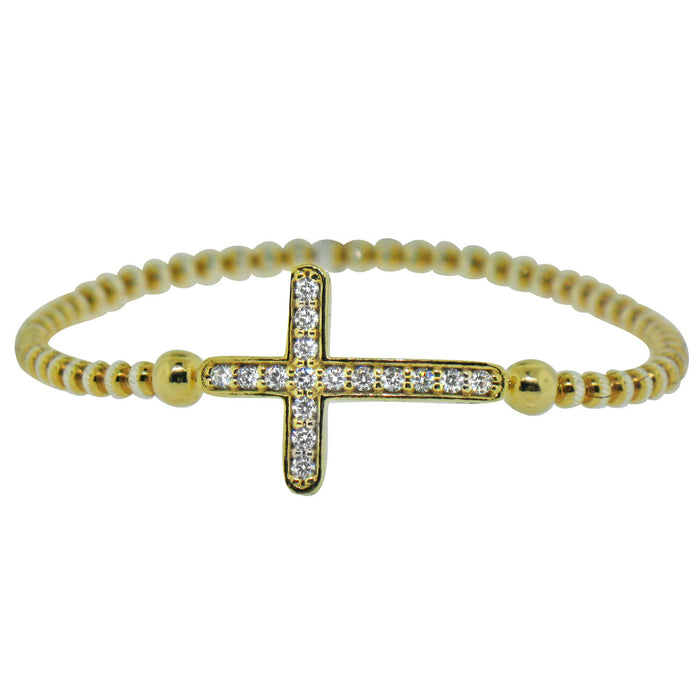 Sterling Silver Rhodium Plated and Large CZ Cross Stretchy Bracelet