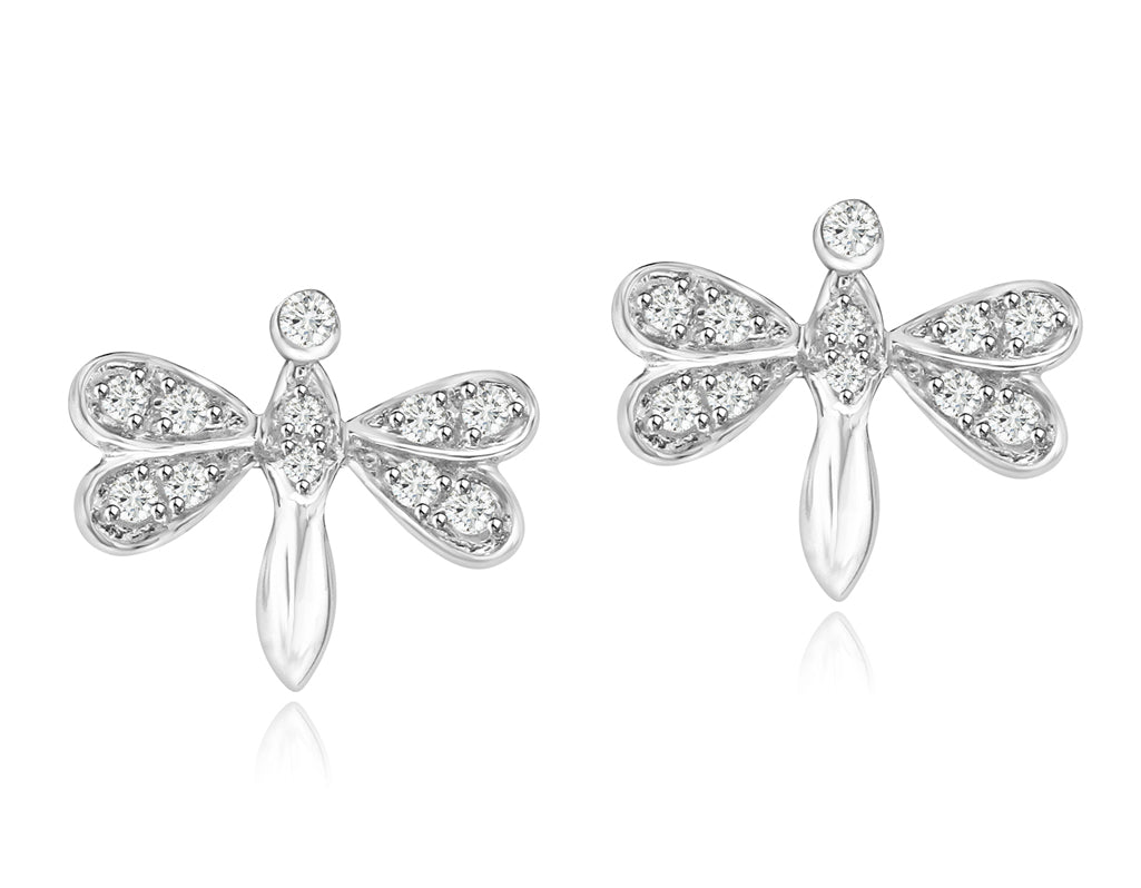 Sterling Silver Rhodium Plated and CZ Dragonfly Stud Earrings