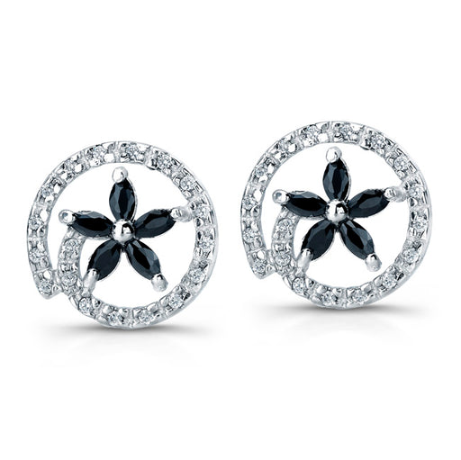 Sterling Silver Rhodium Plated with Black CZ Flower Earrings