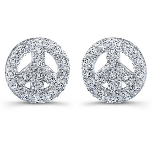 Sterling Silver Rhodium Plated and CZ Peace Stud Earrings