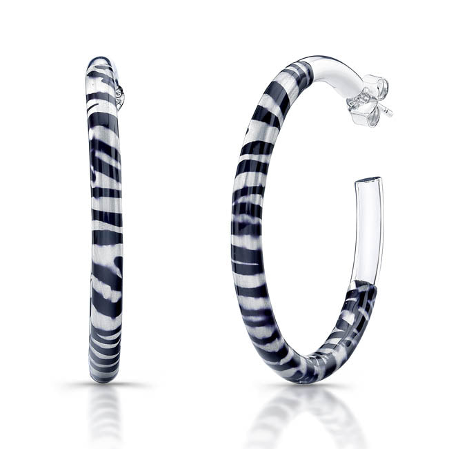 Sterling Silver Rhodium Plated with Black and White Enameled Hoop Earrings