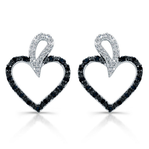 Sterling Silver Rhodium Plated with Black and White CZ Heart Earrings