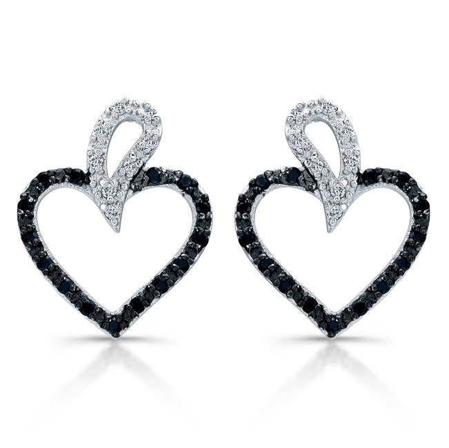 Sterling Silver Rhodium Plated with Black and White CZ Heart Earrings