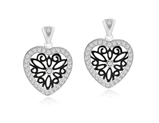 Sterling Silver Rhodium Plated with Black and White CZ Heart Dangle Earrings