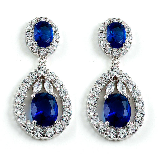 Sterling Silver Rhodium Plated with Simulated Sapphire and CZ Dangle Earrings