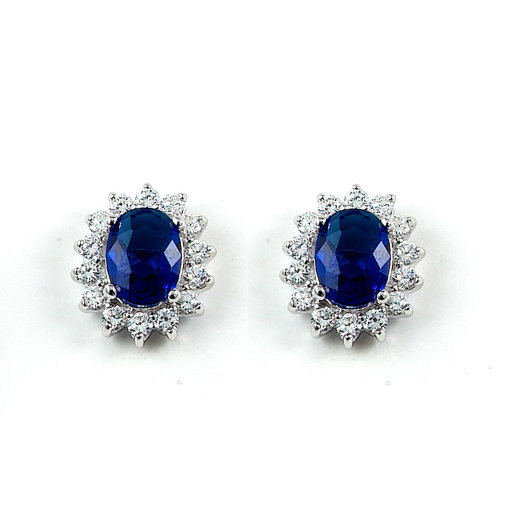 Sterling Silver Rhodium Plated with Simulated Sapphire and CZ Stud Earrings