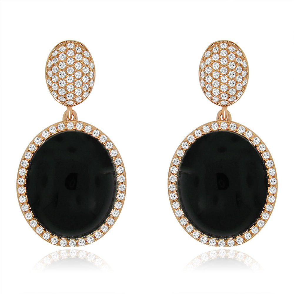 Sterling Silver Rose Gold Plated with Simulated Black Onyx and CZ Dangle Earrings
