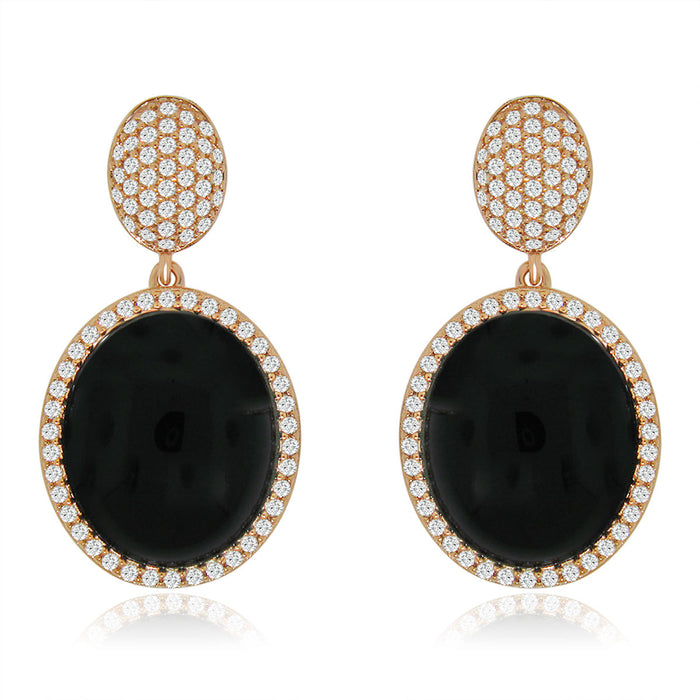 Sterling Silver Rose Gold Plated with Simulated Black Onyx and CZ Dangle Earrings