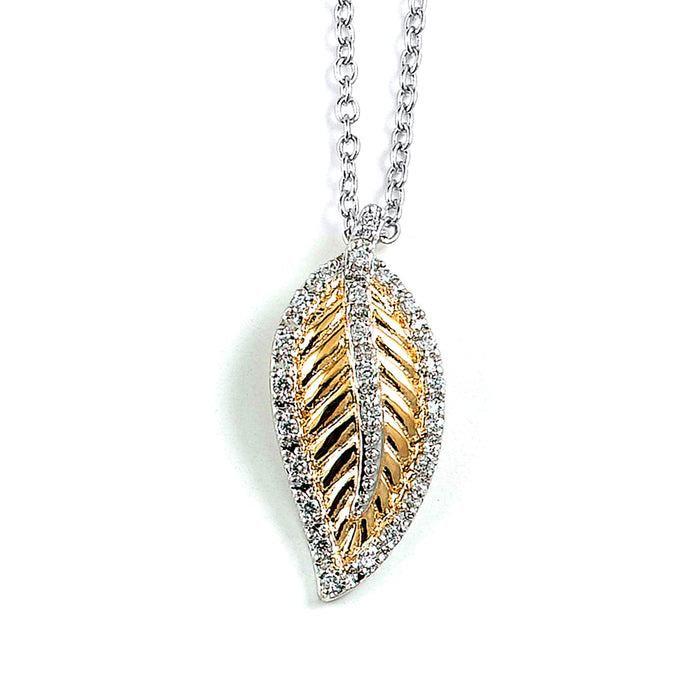 Sterling Silver Rhodium Plated and CZ Leaf Necklace