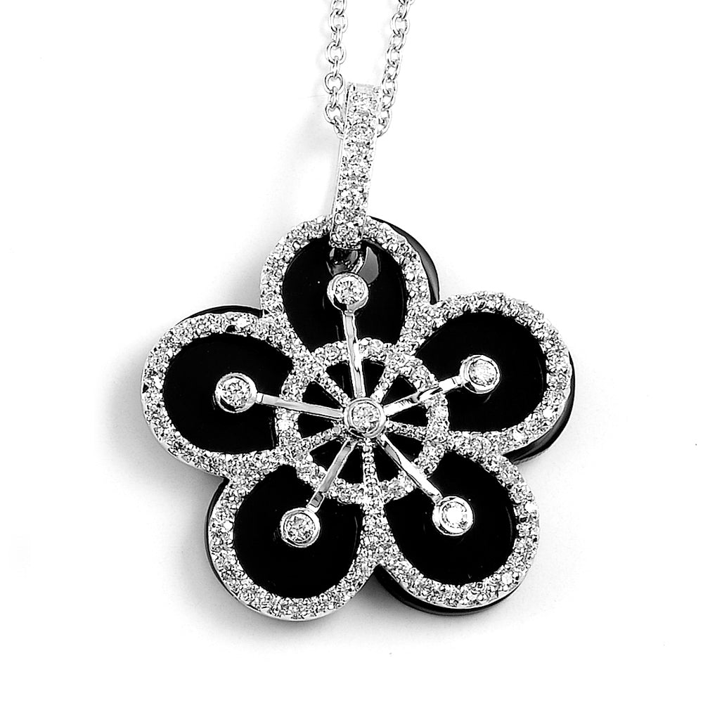 Sterling Silver Rhodium Plated with Black Enameled and CZ Flower Necklace