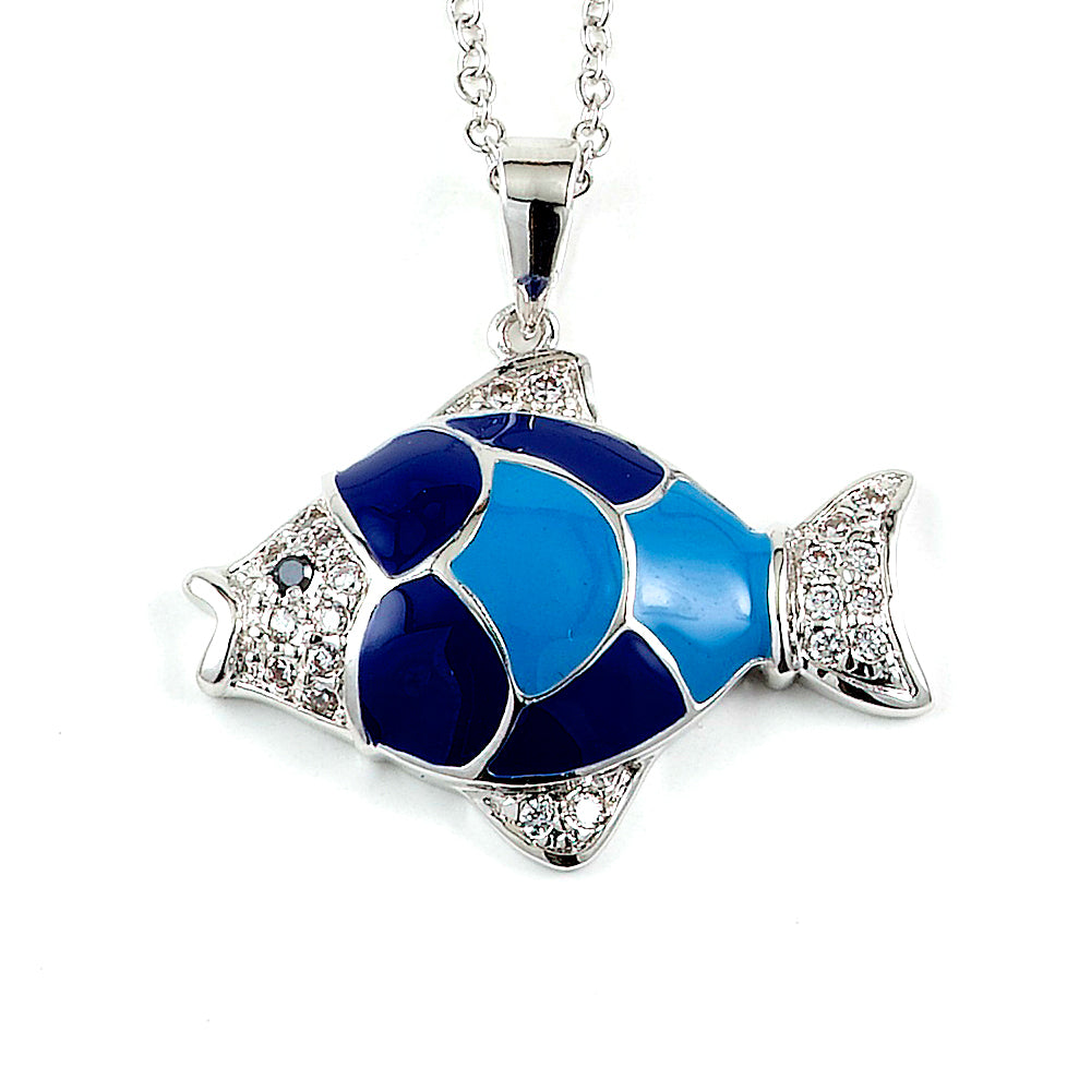 Sterling Silver Rhodium Plated with Enameled and CZ Fish Necklace