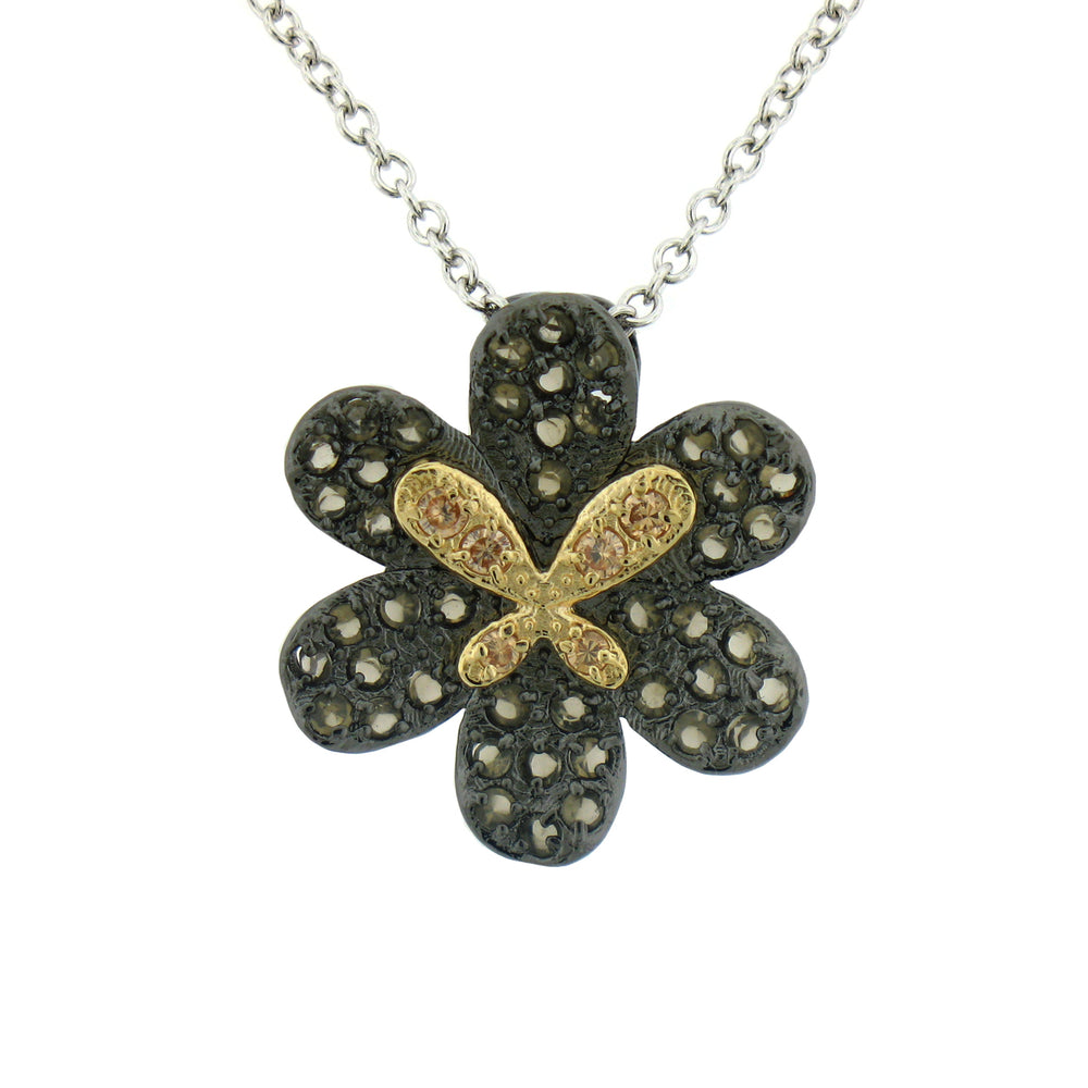 Sterling Silver Black Rhodium Flower with Gold Plated Butterfly Necklace