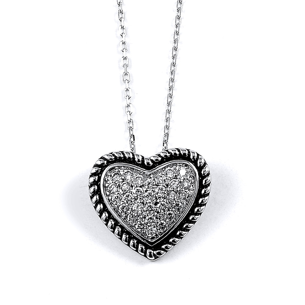 Sterling Silver Rhodium Plated and CZ Heart Necklace