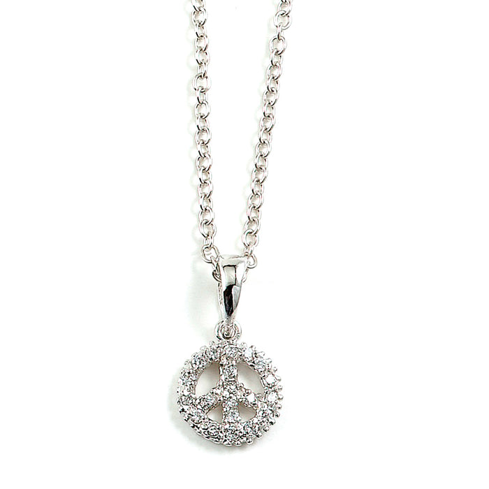 Sterling Silver Rhodium Plated and CZ Peace Necklace