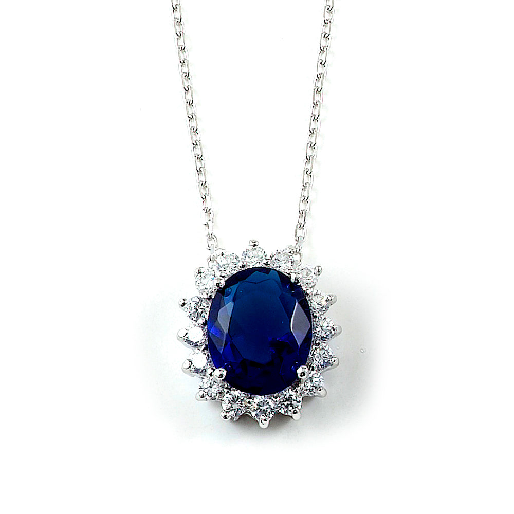 Sterling Silver Rhodium Plated with Simulated Sapphire and CZ Necklace