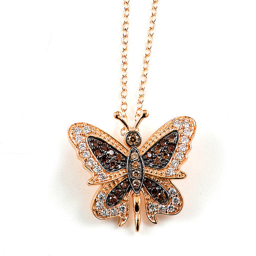 Sterling Silver Rose Gold Plated with Black and White CZ Butterfly Necklace