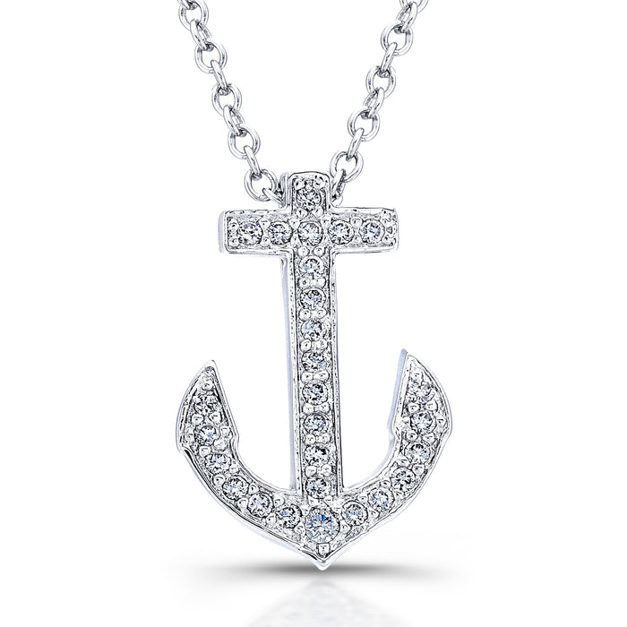 Sterling Silver Rhodium Plated and CZ Anchor Necklace