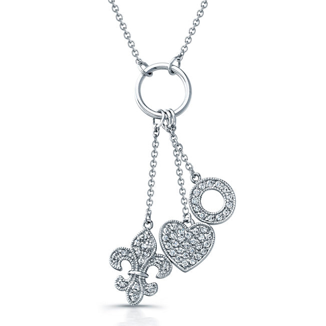 Sterling Silver Rhodium Plated and CZ Fleur De Lis, Heart, and Circle Necklace