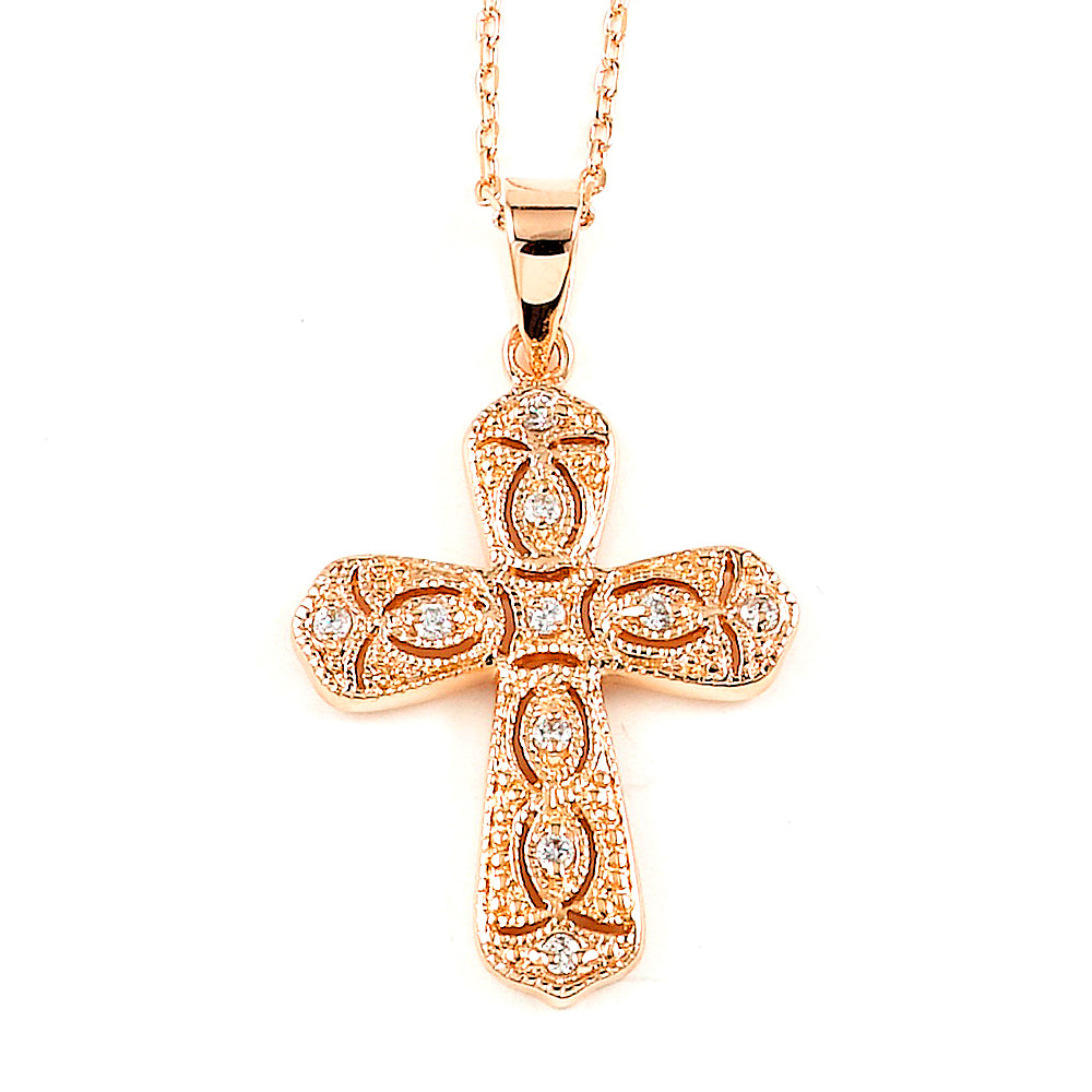 Sterling Silver Rhodium Plated and Pink CZ Cross Necklace