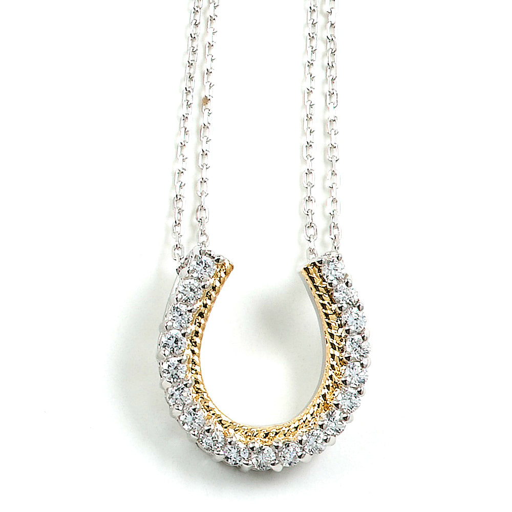 Two-Tone Sterling Silver Rhodium and Gold Plated with CZ Horseshoe Necklace