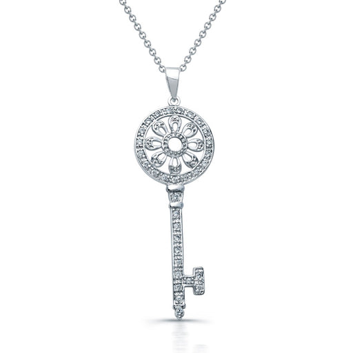 Sterling Silver Rhodium Plated and CZ Flower Key Necklace