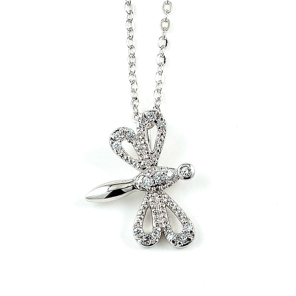 Sterling Silver Rhodium Plated and CZ Dragonfly Necklace