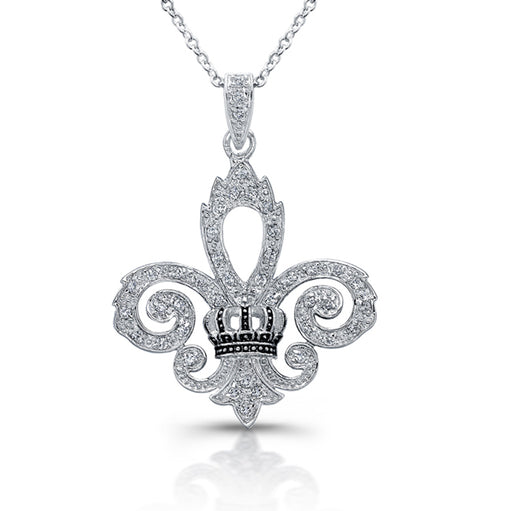 Sterling Silver Rhodium Plated and Enameled Fleur De Lis Necklace
