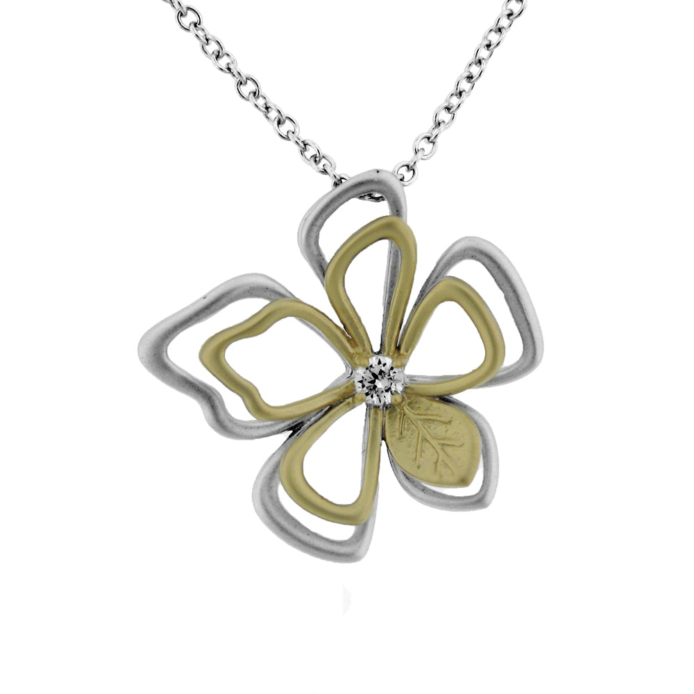 Sterling Silver Rhodium & Gold Plated and CZ Flower Necklace