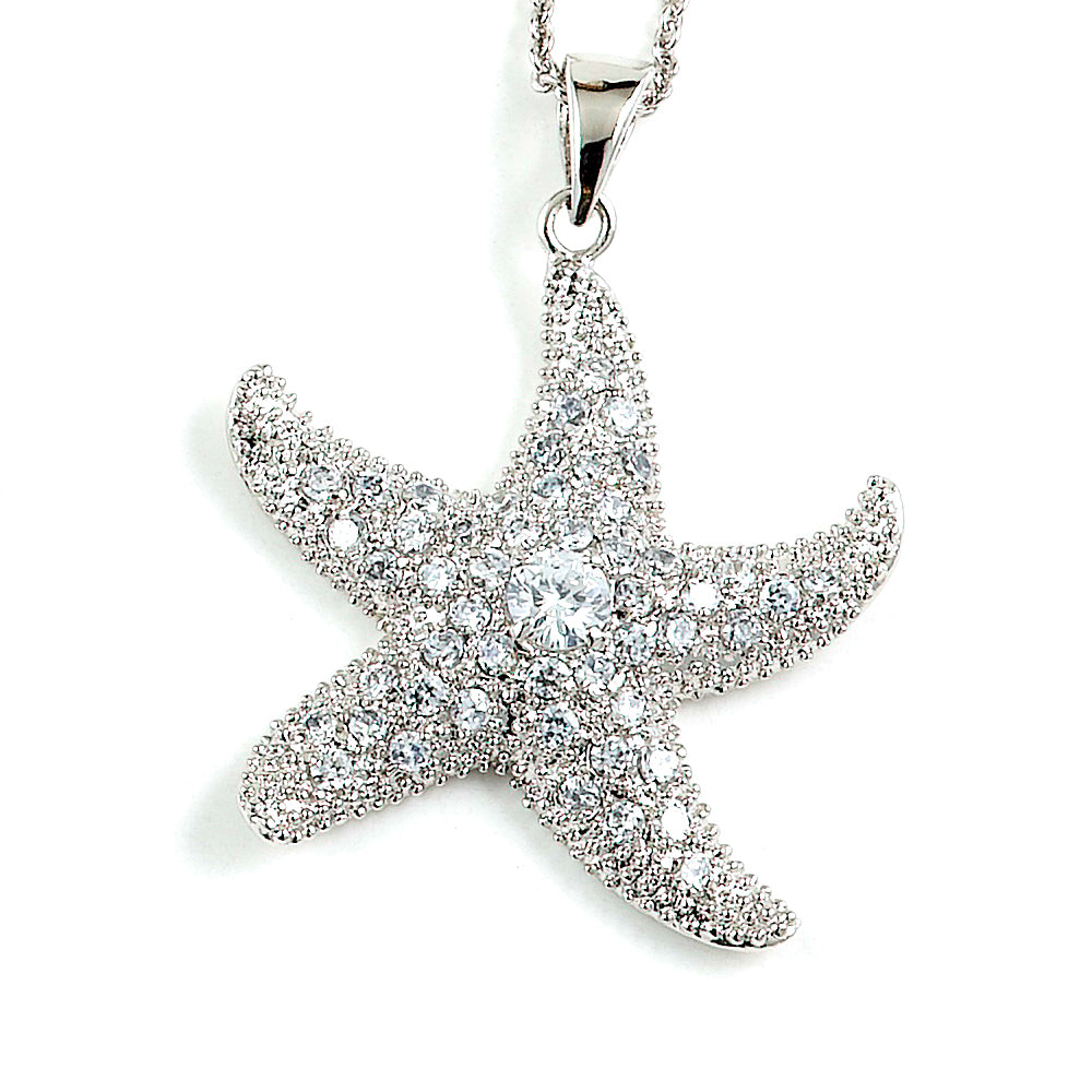 Sterling Silver Rhodium Plated and CZ Starfish Necklace