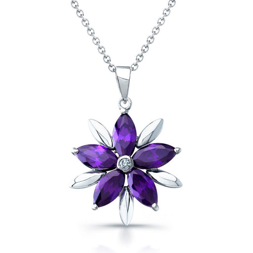 Sterling Silver Rhodium Plated and CZ Flower Necklace