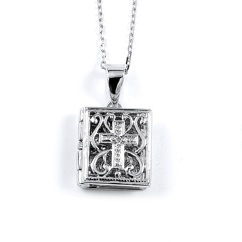Sterling Silver Rhodium Plated and CZ Bible Necklace